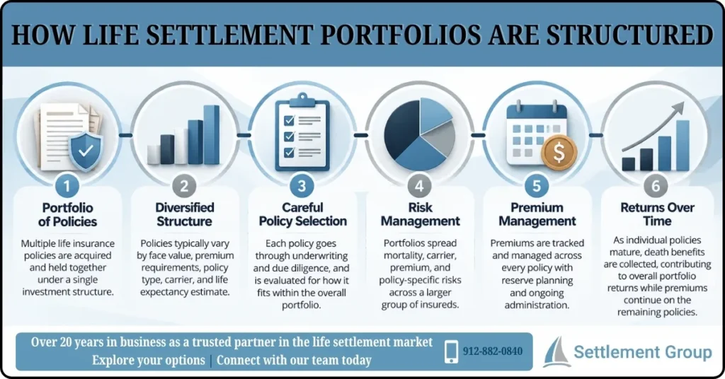 Infographic explaining how life settlement portfolios are structured, including policy selection, diversification, risk management, premium management, and portfolio returns