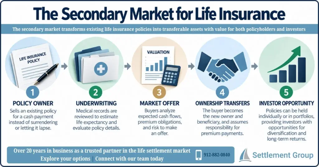Infographic explaining the secondary market for life insurance, from policy evaluation and ownership transfer to investor opportunities