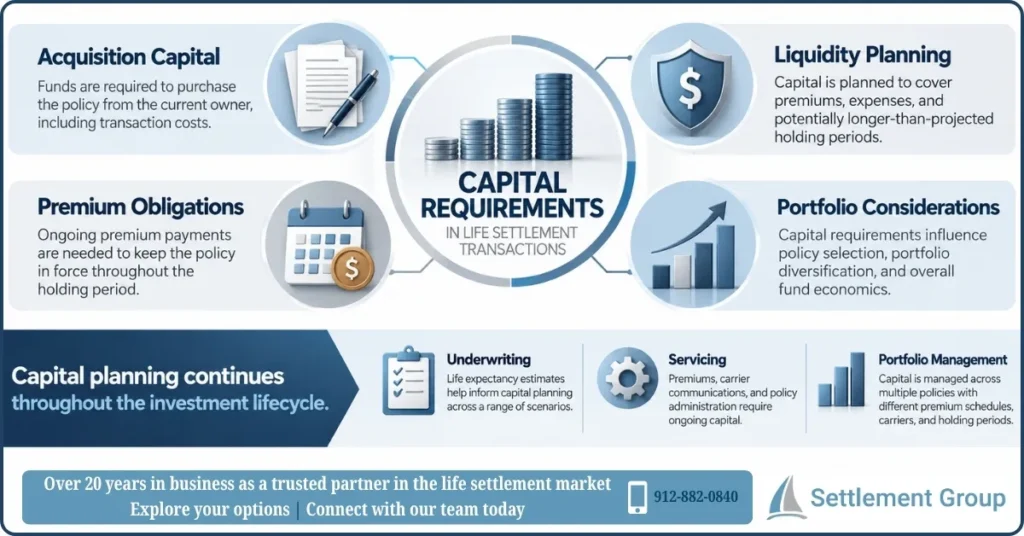 Infographic explaining capital requirements in life settlement transactions, including acquisition capital, premiums, liquidity planning, and portfolio management